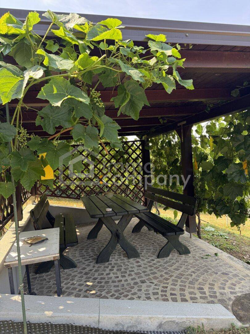 Gemütlicher Sitzbereich im Freien unter einer Pergola mit Weinreben und Holztischgarnitur.