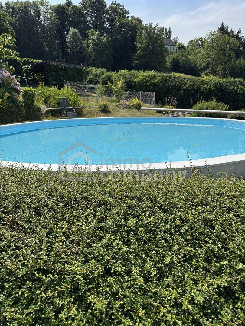Runder Aufstellpool im Garten, umgeben von grünen Hecken und Sträuchern unter blauem Himmel.