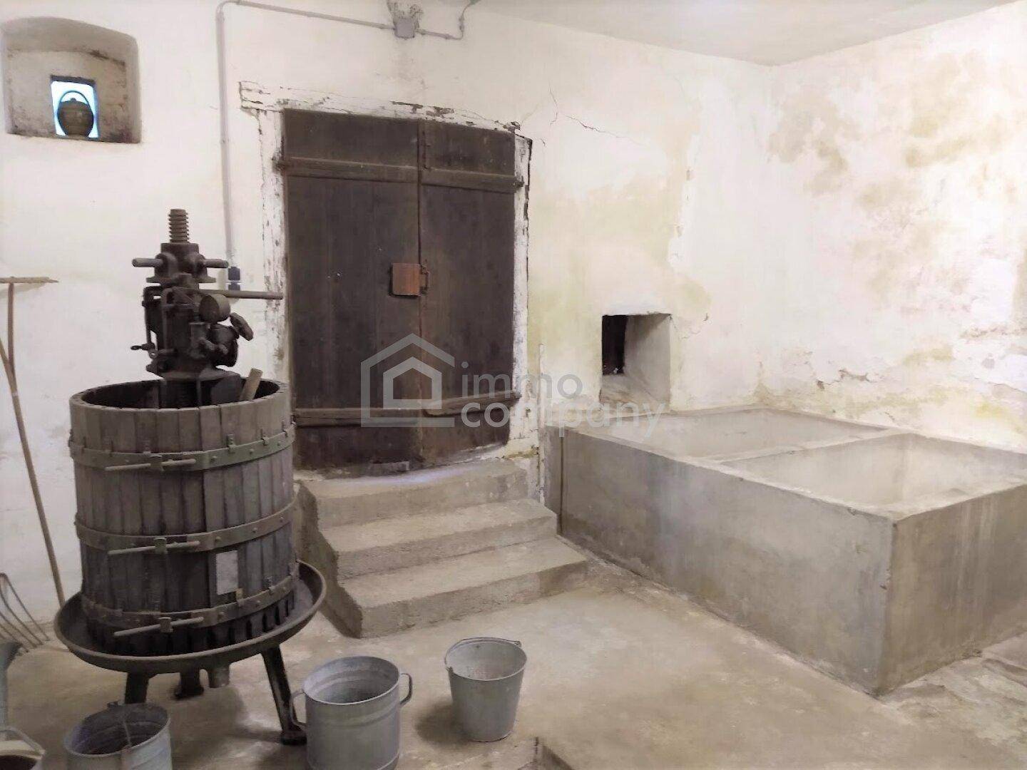 Rustikaler Kellerraum mit alter Weinpresse und Steintrögen, ideal für Weinliebhaber.