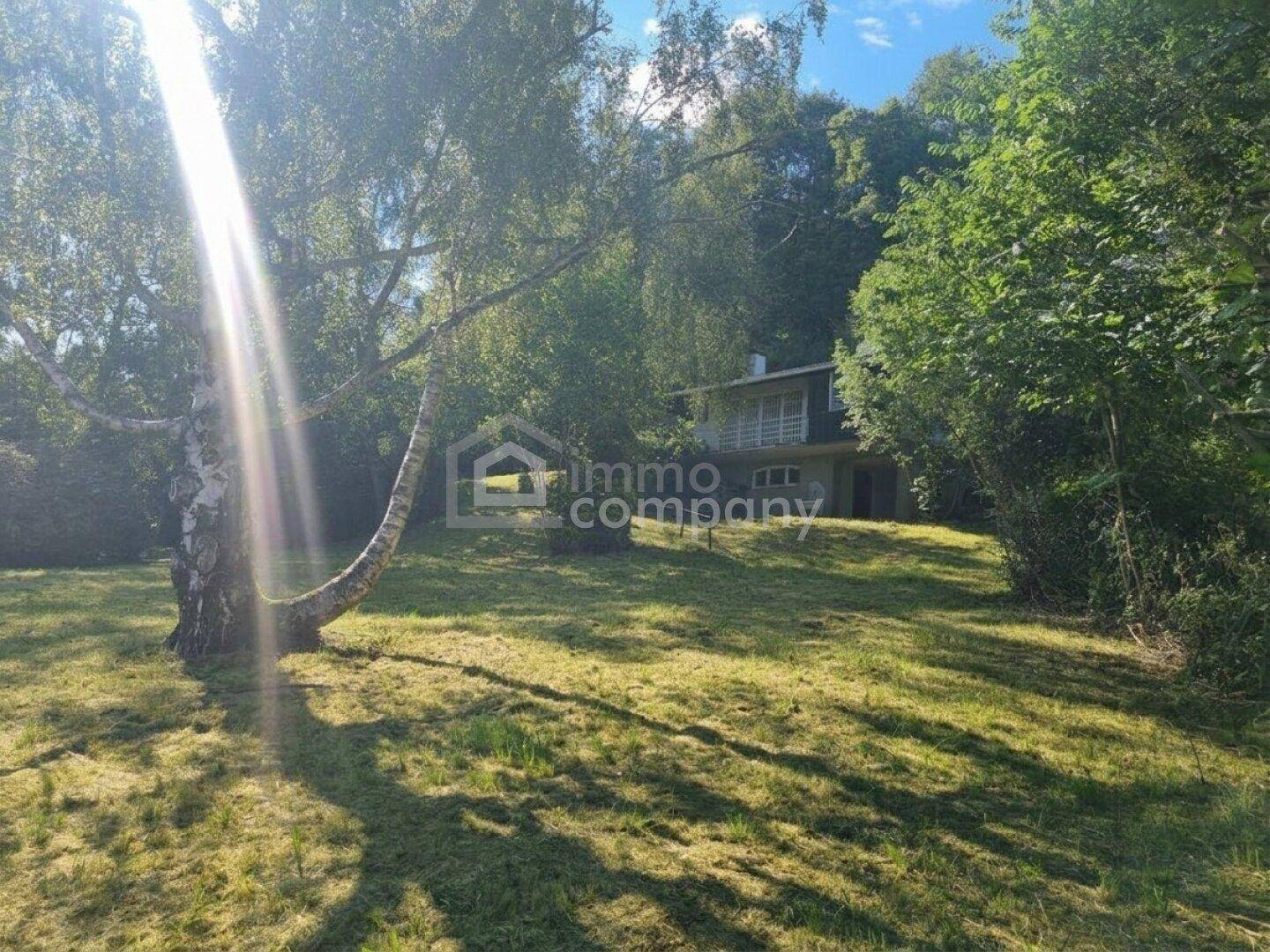 Hausfassade umgeben von einem weitläufigen, sonnigen Garten mit altem Baumbestand und viel Grünfläche.