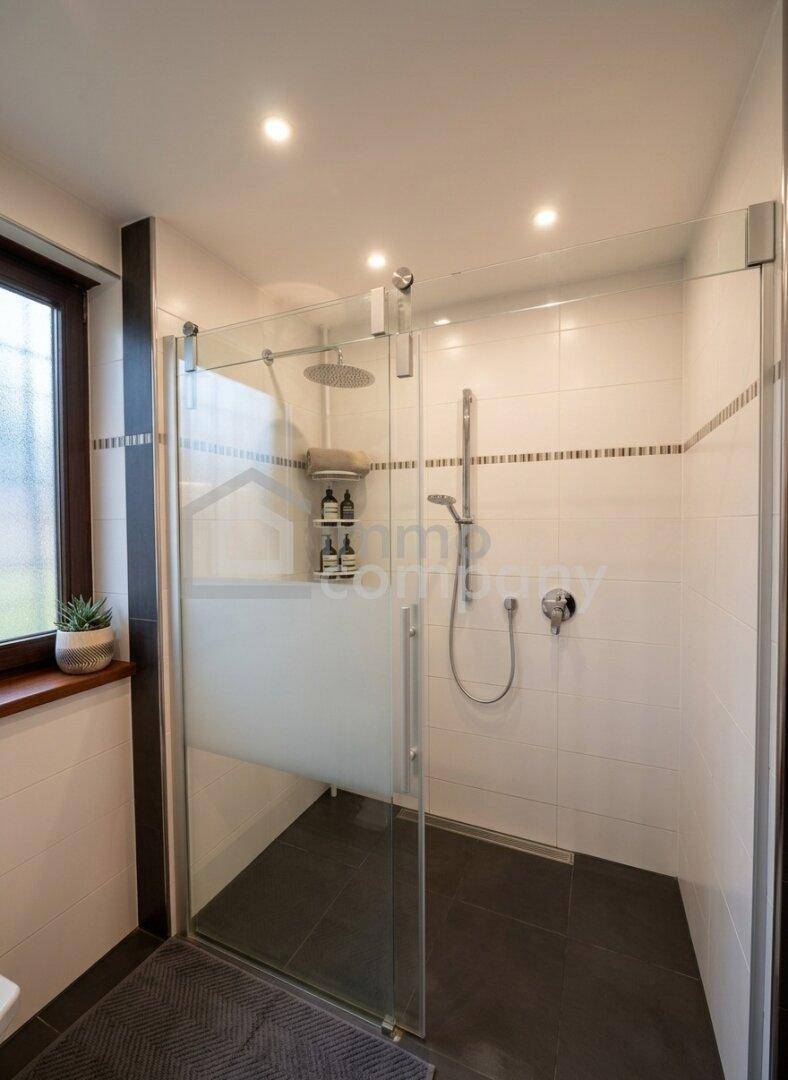 Modernes Badezimmer mit ebenerdiger Dusche, Regendusche und Fenster für Tageslicht.