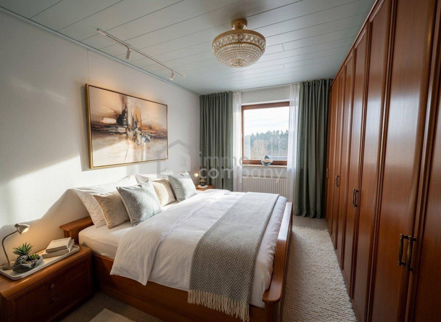 Gemütliches Schlafzimmer mit Doppelbett, Holzkleiderschrank und Blick ins Grüne.