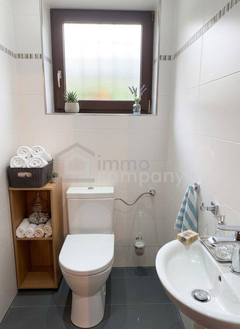 Kleines Gäste-WC mit Fenster, Toilette und Waschbecken, hell gefliest.