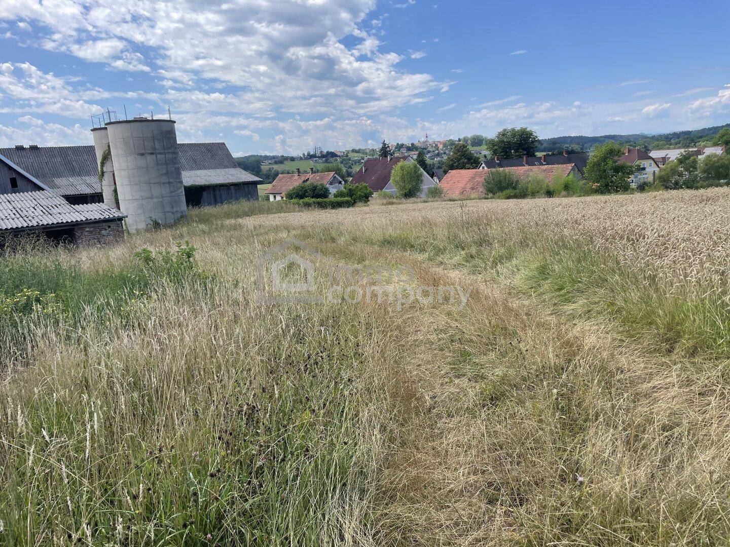 Weitläufiges Feld mit Getreide und Silos, im Hintergrund ein Dorf unter bewölktem Himmel.