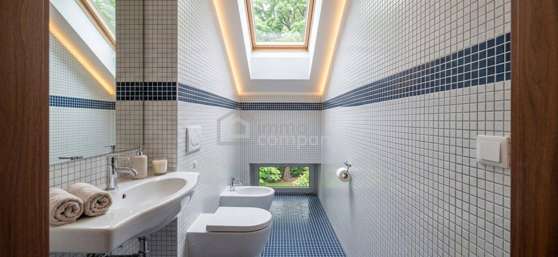 Modernes WC mit Bidet, Wand-WC und Mosaikfliesen, beleuchtet durch ein Dachfenster und ein kleines Fenster.