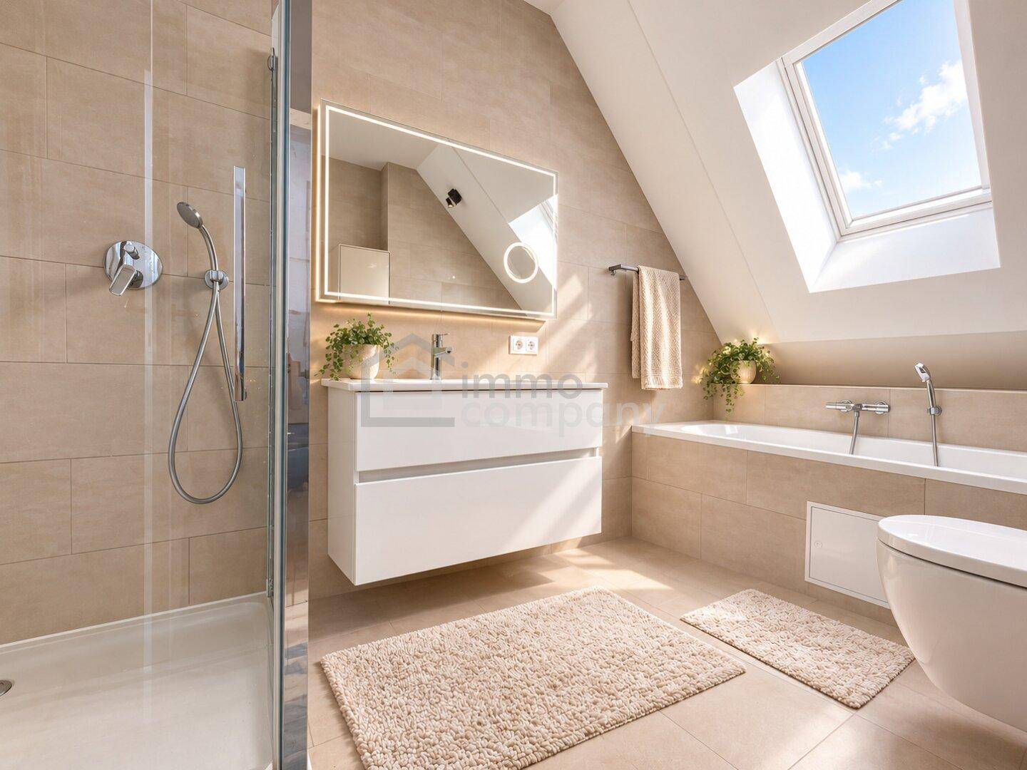 Modernes Badezimmer mit Badewanne, Dusche, Dachfenster und beigefarbenen Fliesen.