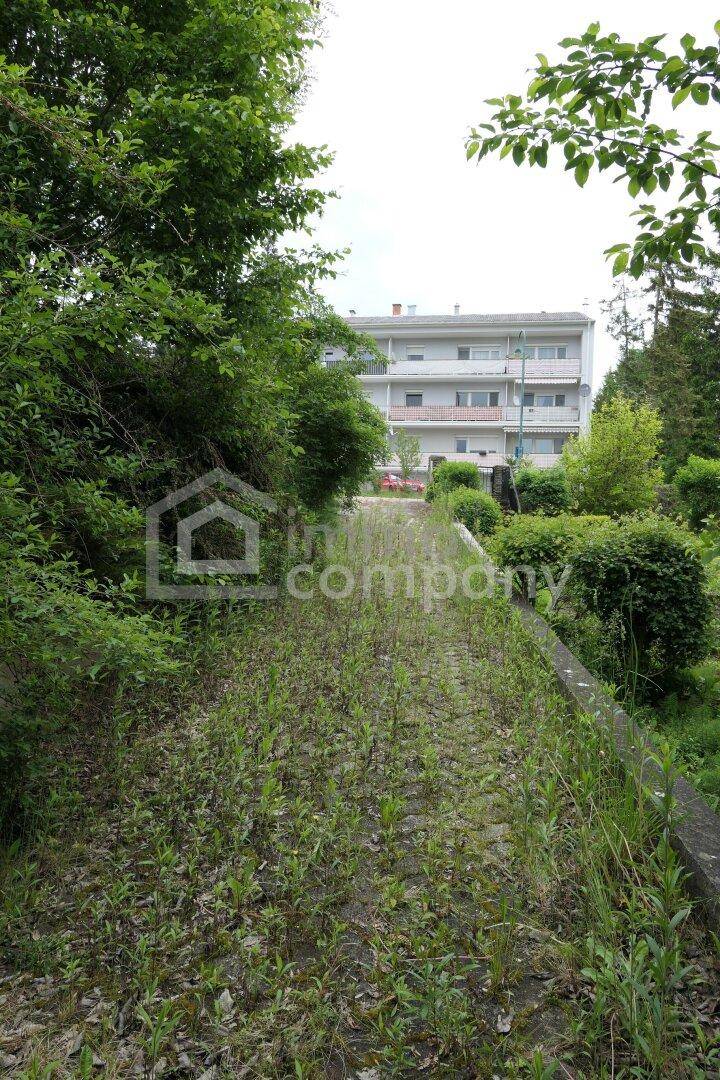 Überwachsener Gartenweg mit Blick auf ein Mehrfamilienhaus im Hintergrund.