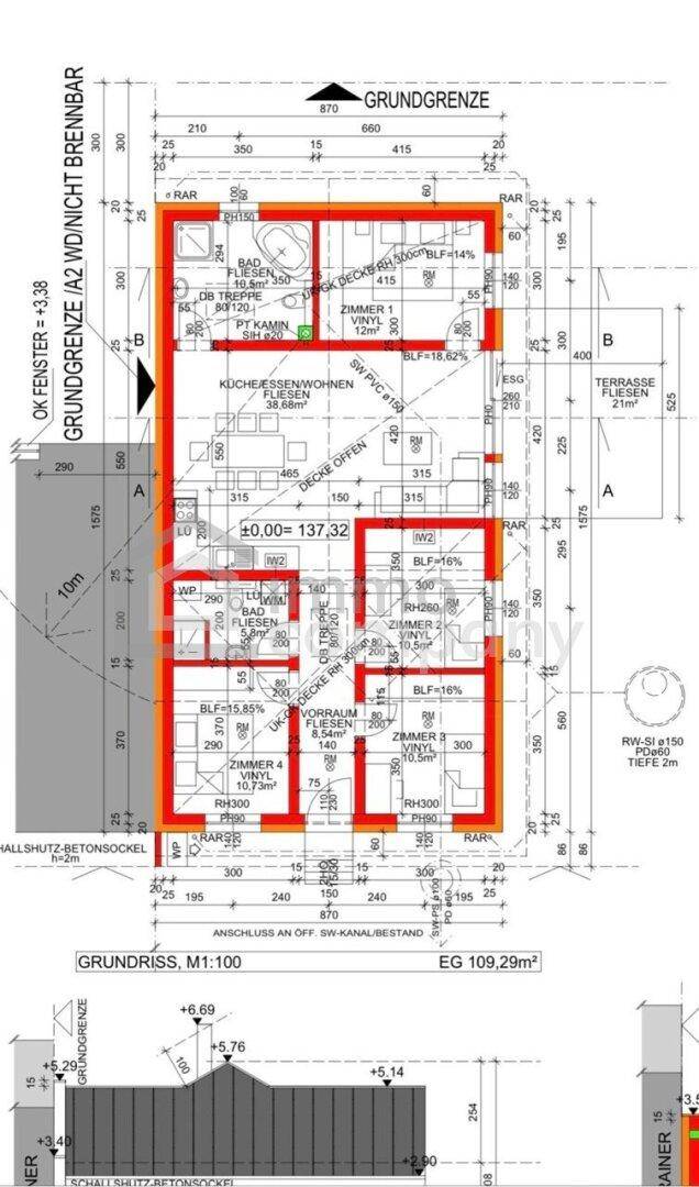 Übersichtlicher Grundriss des Erdgeschosses mit allen Räumen und Außenbereichen.