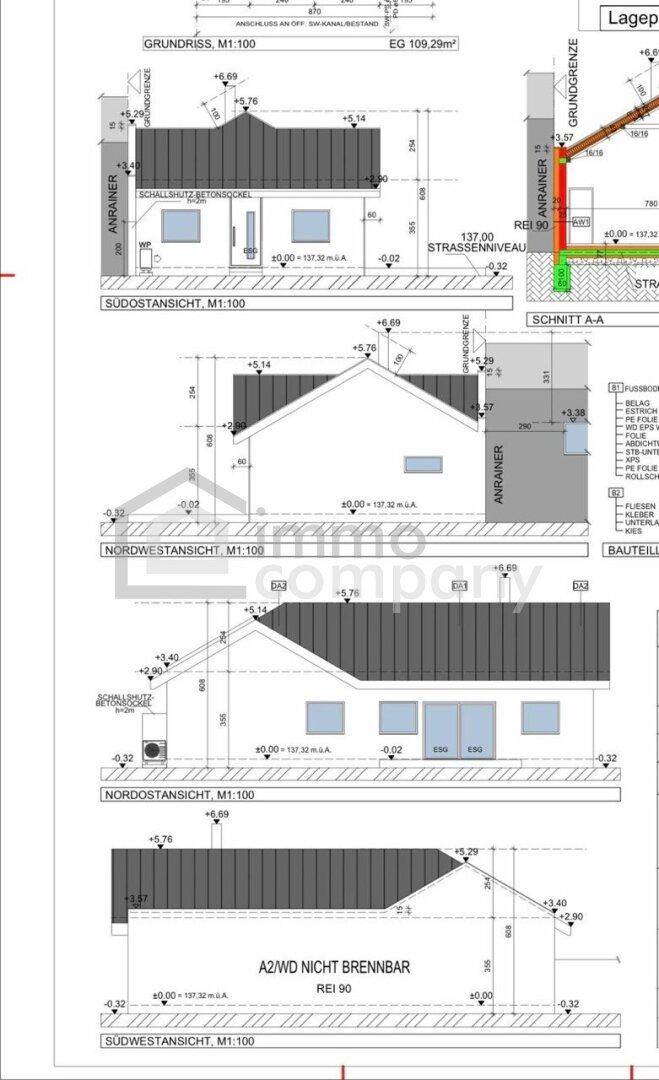 Verschiedene Ansichten des Gebäudes mit Dachformen und Höhenangaben für die Planung.