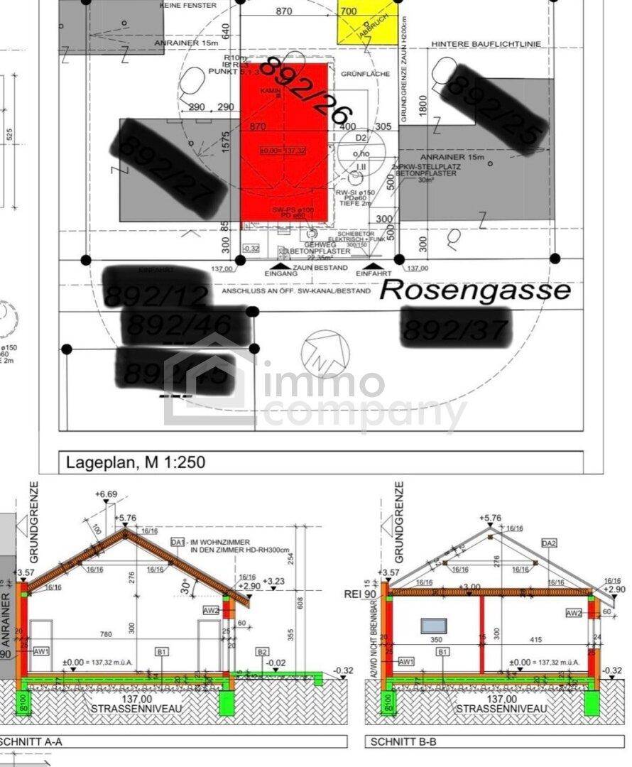 Lageplan mit Grundstücksgrenzen und Gebäudeschnitten zur besseren Orientierung.