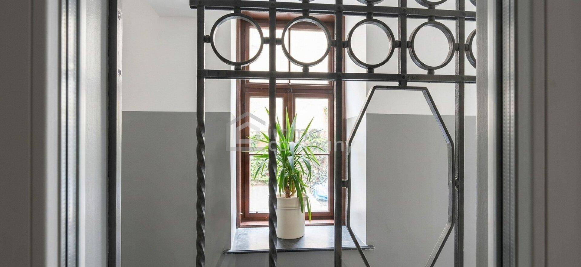 Blick durch ein dekoratives Metallgitter auf ein Fenster mit einer Pflanze in einem Flur mit zweifarbigen Wänden.