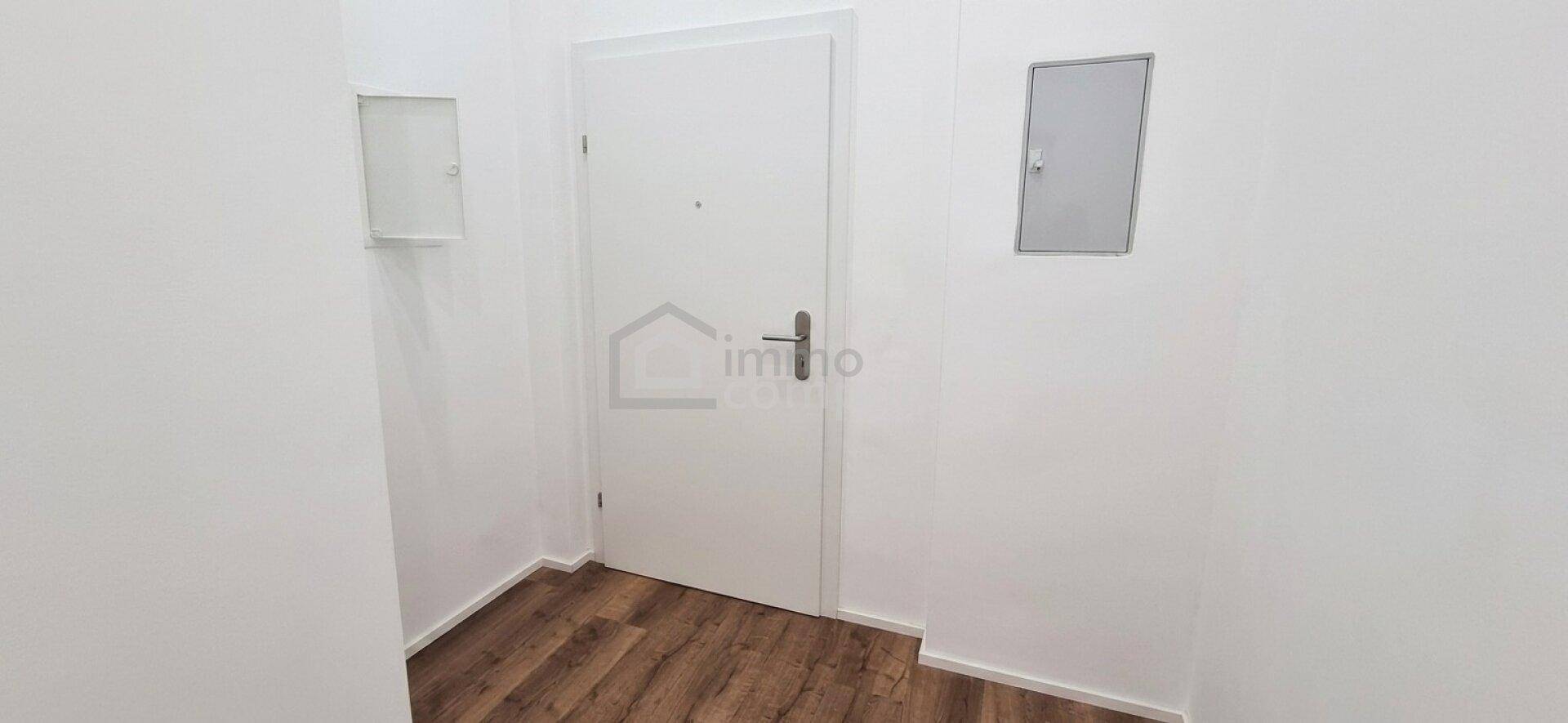 Heller Flur mit weißen Wänden, dunklem Holzboden und einer geschlossenen Eingangstür.