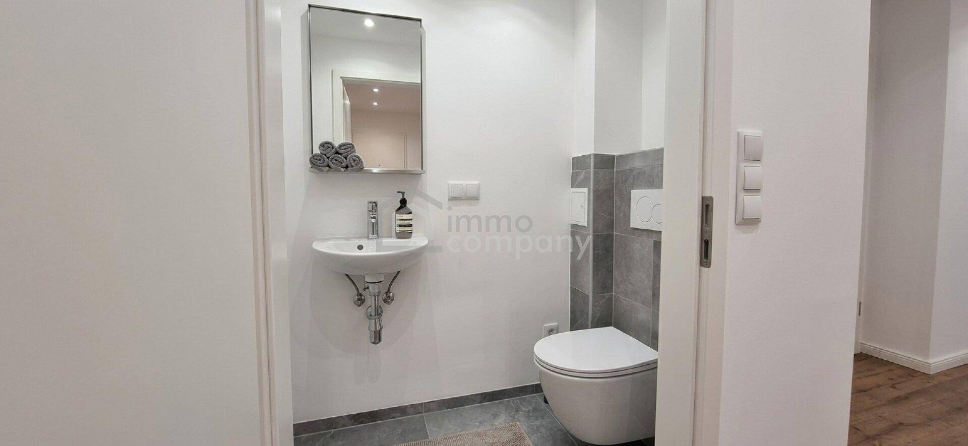 Modernes Gäste-WC mit wandhängender Toilette, Waschbecken und einem Spiegel über grauen Fliesen.