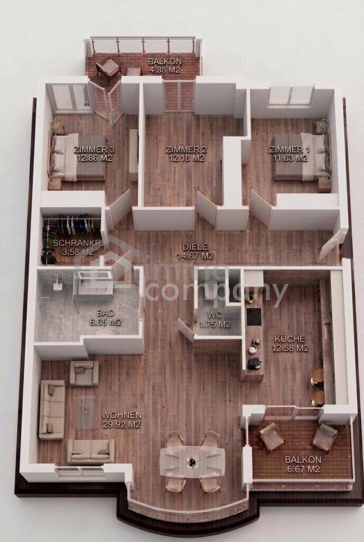 Detaillierter Grundriss einer Wohnung mit drei Zimmern, zwei Balkonen und offenem Wohnbereich.