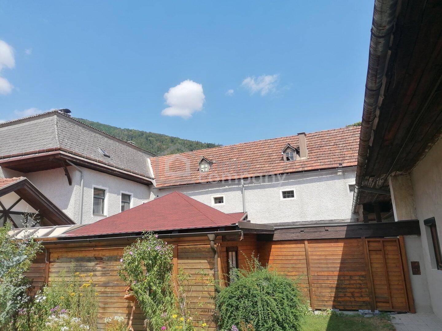 Blick auf die Rückseite des Gebäudes mit Holzanbau und grüner Umgebung unter blauem Himmel.