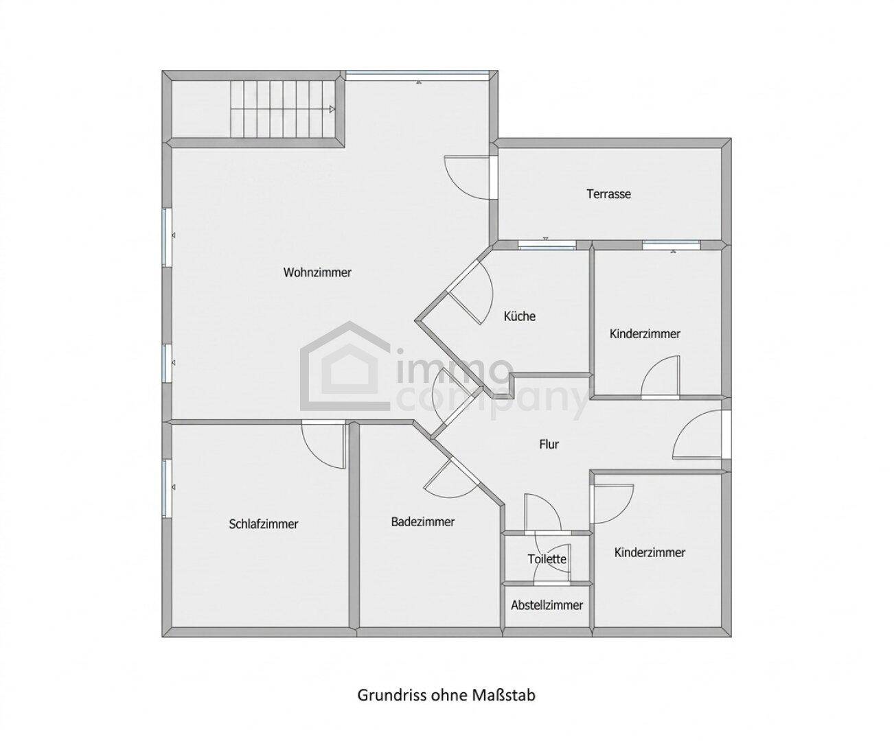 Übersichtlicher Grundriss mit Wohnzimmer, Küche, Schlafzimmer, Kinderzimmer und Terrasse.