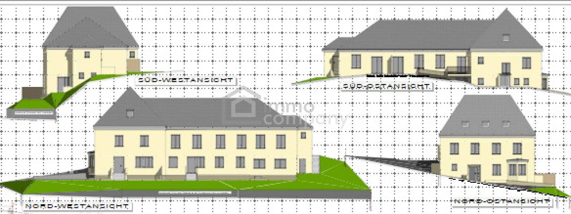 Architektonische Ansichten eines Gebäudes aus verschiedenen Perspektiven mit Dachformen.
