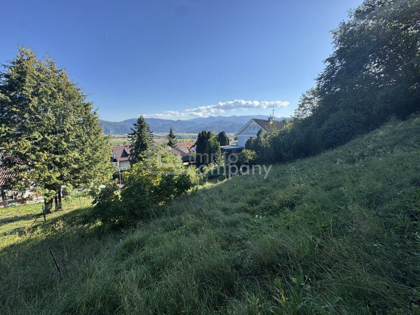 Sonnige Wiese mit Ausblick auf eine ländliche Gegend und ferne Berggipfel an einem klaren Tag.