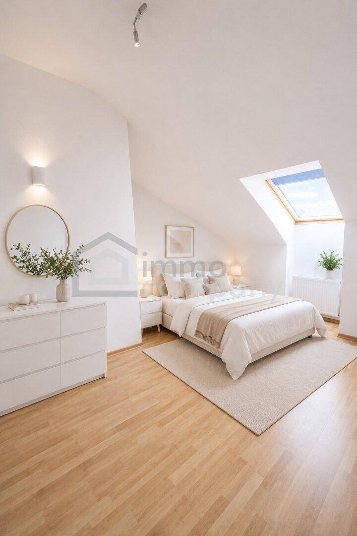 Helles Schlafzimmer im Dachgeschoss mit Holzboden, Dachfenster und moderner, minimalistischer Einrichtung.