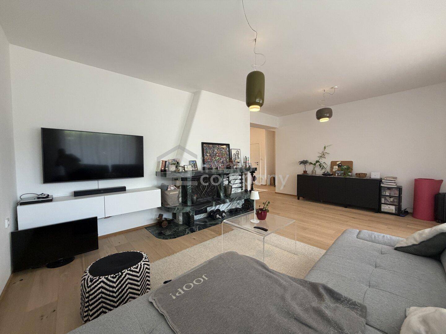 Helles Wohnzimmer mit modernem Kamin, großem Fernseher und Holzboden für gemütliche Abende.
