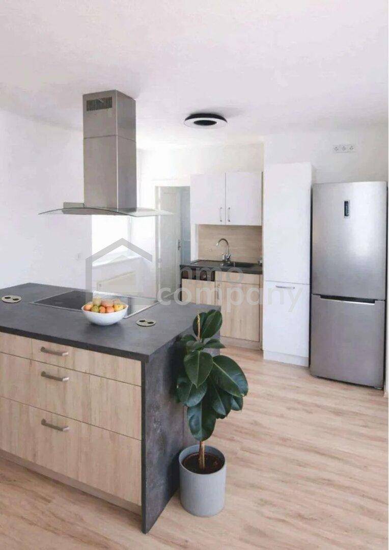 Moderne Küche mit Kochinsel, integrierten Geräten und hellem Holzboden, ideal für offenes Wohnen.