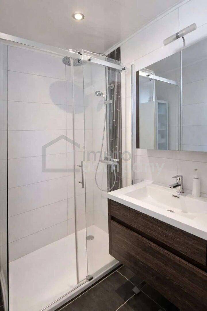 Modernes Badezimmer mit begehbarer Dusche, Einzelwaschbecken und dunklen Holzunterschränken.