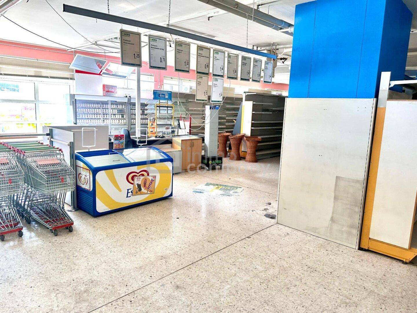 Eingangsbereich eines Supermarktes mit Einkaufswagen, Gefriertruhe und Preisschildern an der Decke.