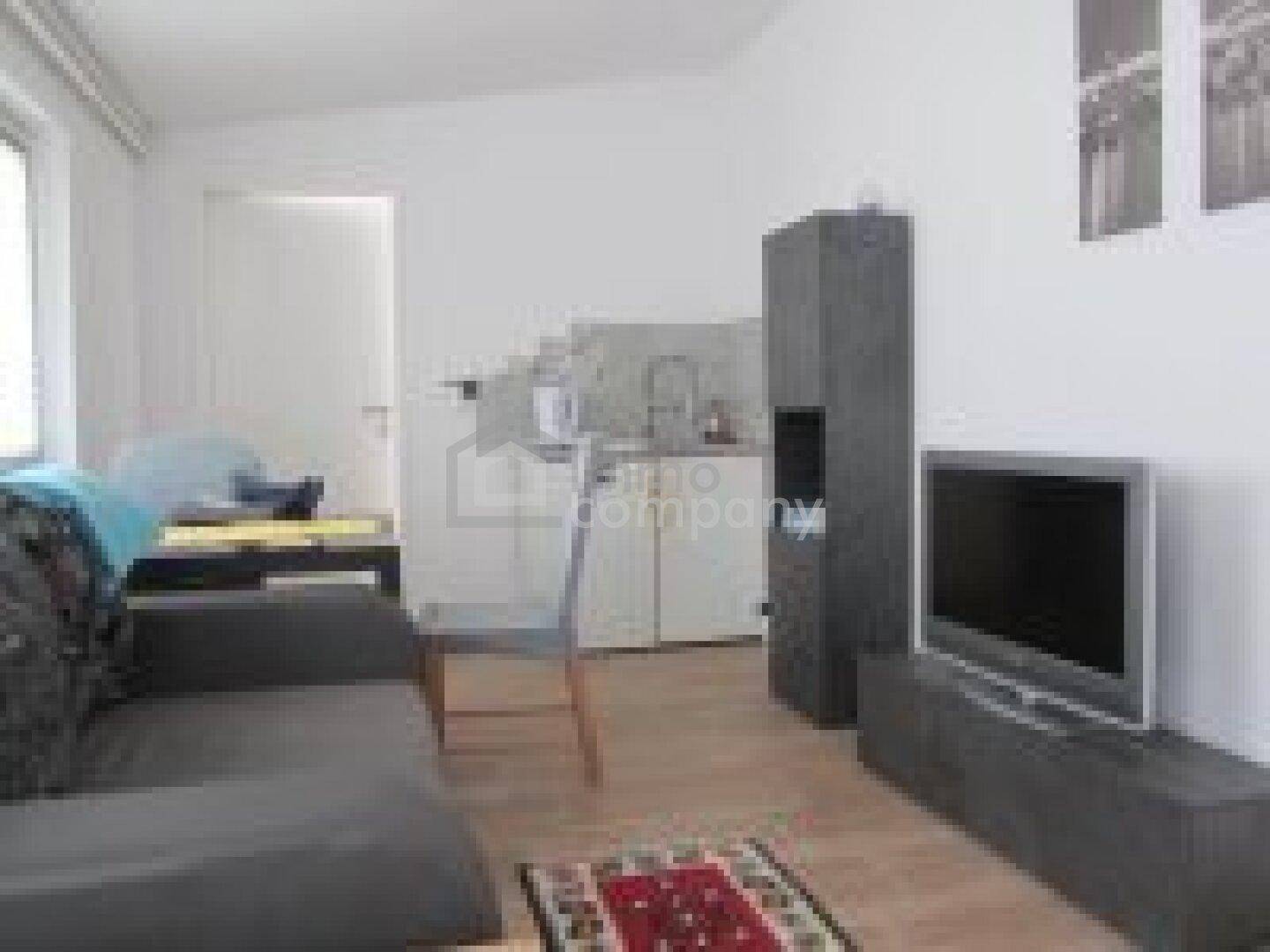 Funktionaler Wohnbereich mit Sofa, Fernseher und integrierter Küchenzeile in heller Umgebung.