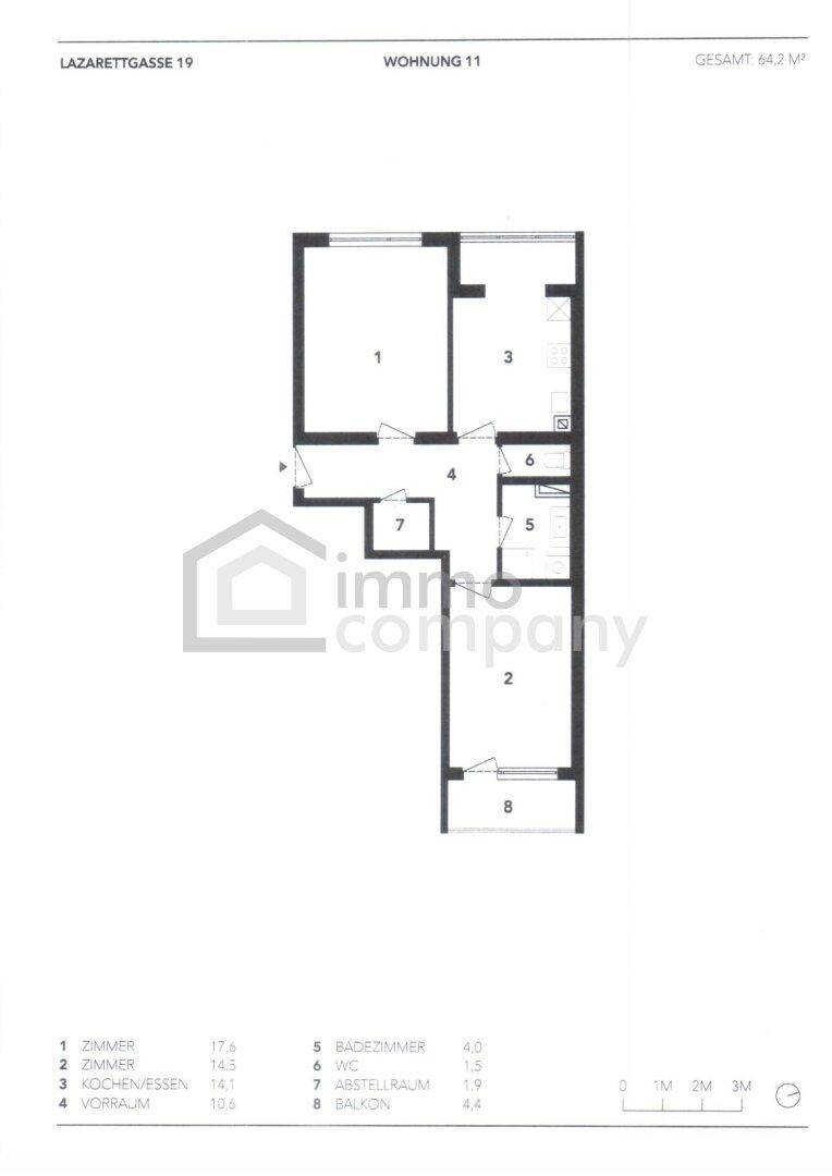 Grundriss einer Wohnung mit zwei Zimmern, Küche/Essbereich, Bad, separatem WC und Balkon.