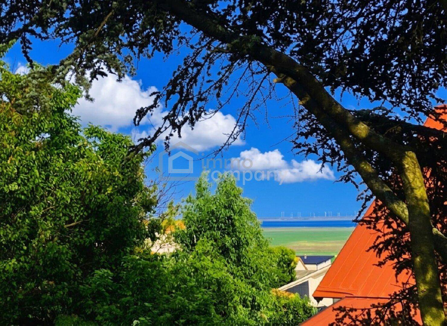 Blick durch üppige Bäume auf den See mit Windrädern am Horizont unter einem klaren blauen Himmel.