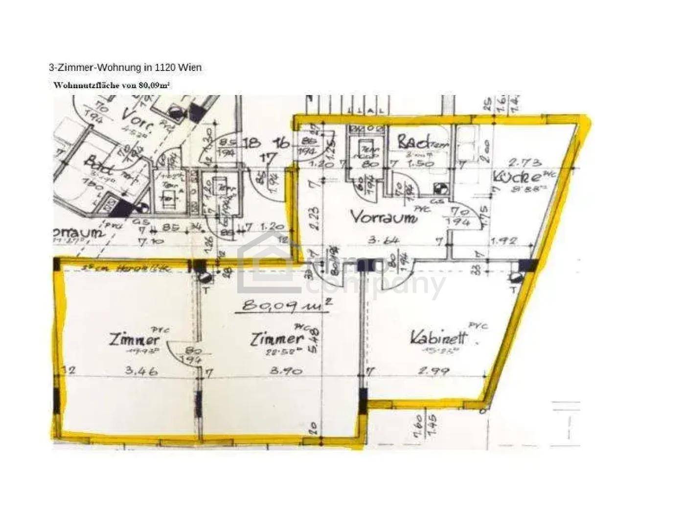 Grundriss einer 3-Zimmer-Wohnung in Wien mit 80,09 m² Wohnfläche, inklusive Bad, WC und Küche.
