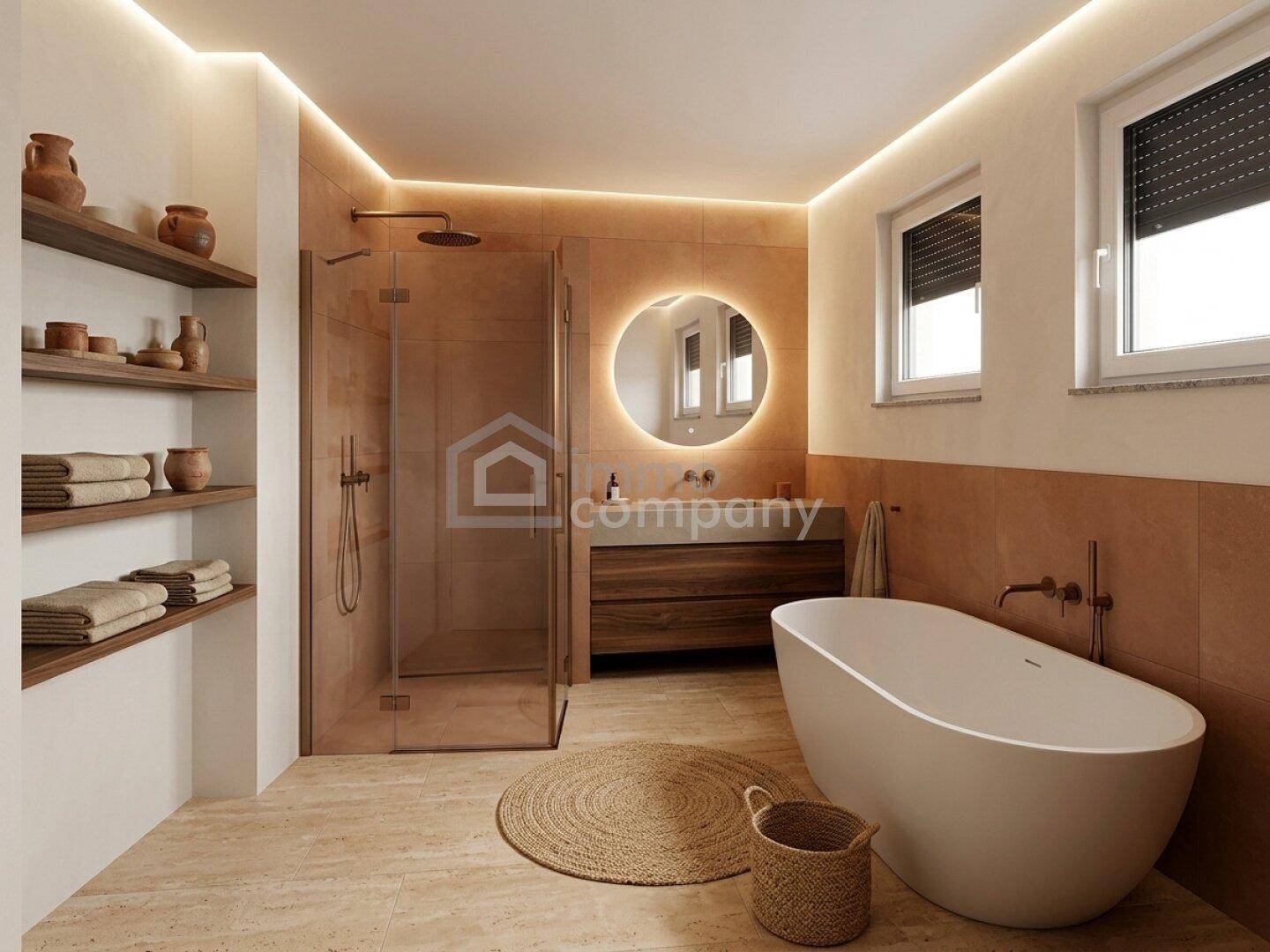 Luxuriöses Badezimmer mit freistehender Badewanne, ebenerdiger Dusche und indirekter Beleuchtung.