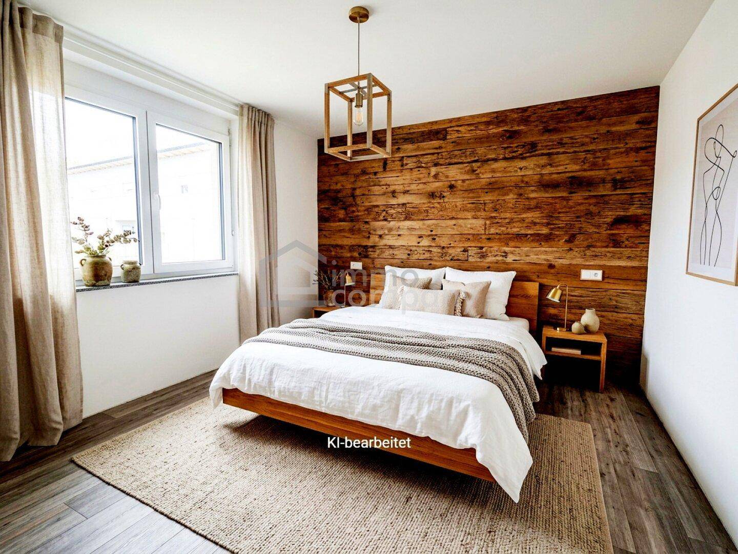 Gemütliches Schlafzimmer mit Holzbett, rustikaler Holzwand und großem Fenster.