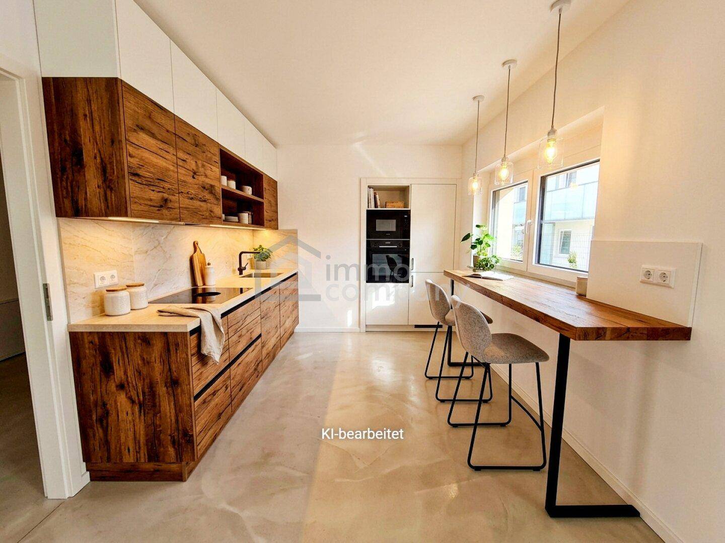 Moderne Küche mit Holzfronten, Frühstücksbar und integrierten Geräten.