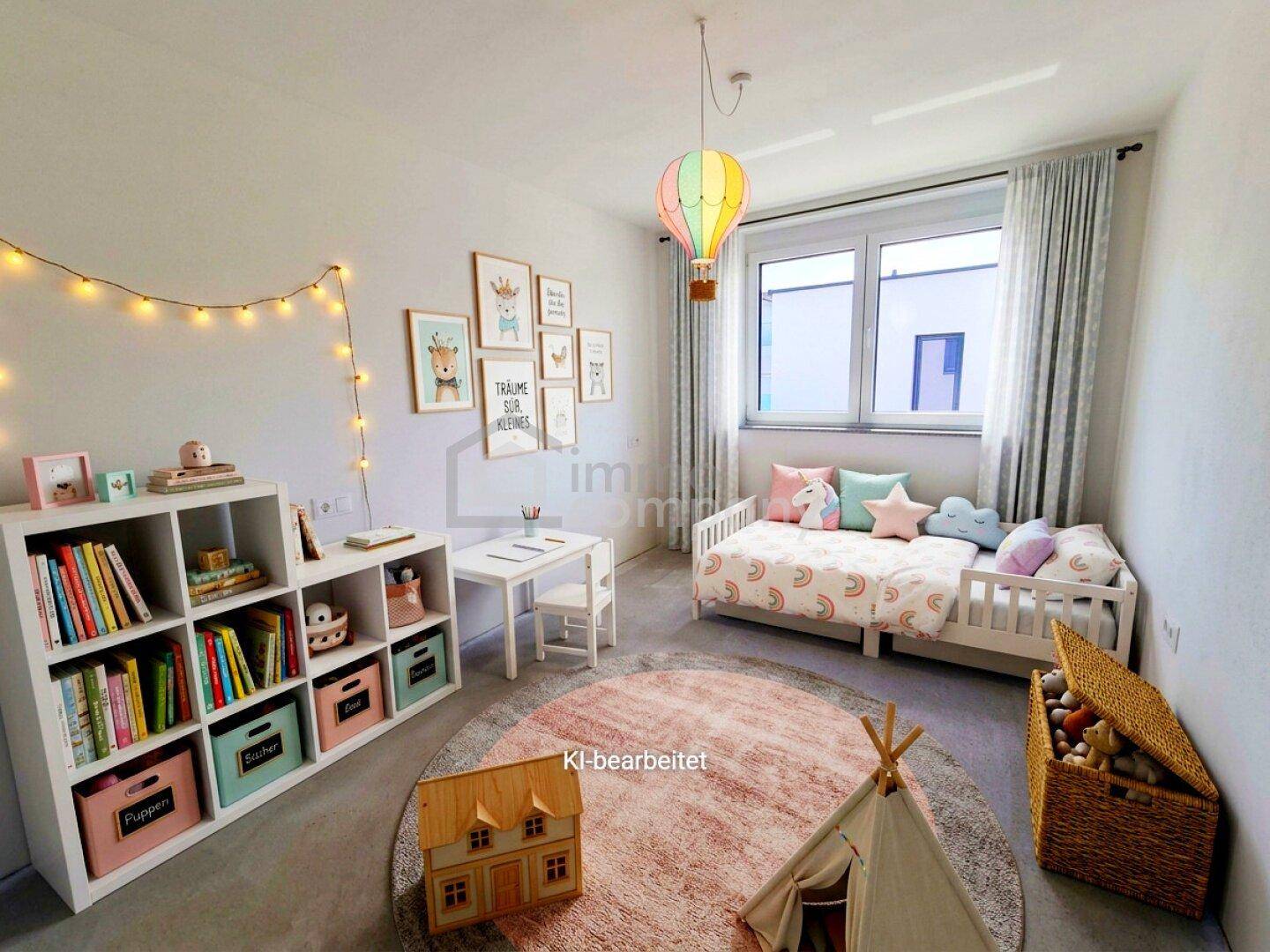 Helles Kinderzimmer mit Spielbereich, kleinem Bett und farbenfroher Dekoration.
