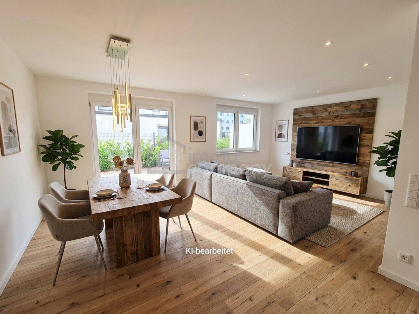 Heller Wohn- und Essbereich mit Holzboden, modernem Sofa und rustikaler Holzwand.