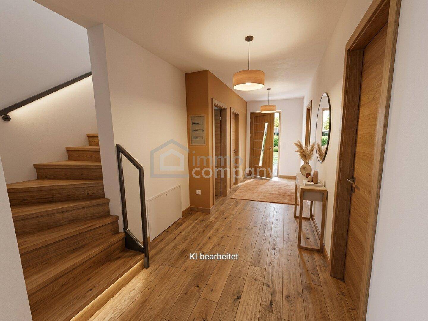Einladender Flur mit Holztreppe, Holzboden und moderner Einrichtung.