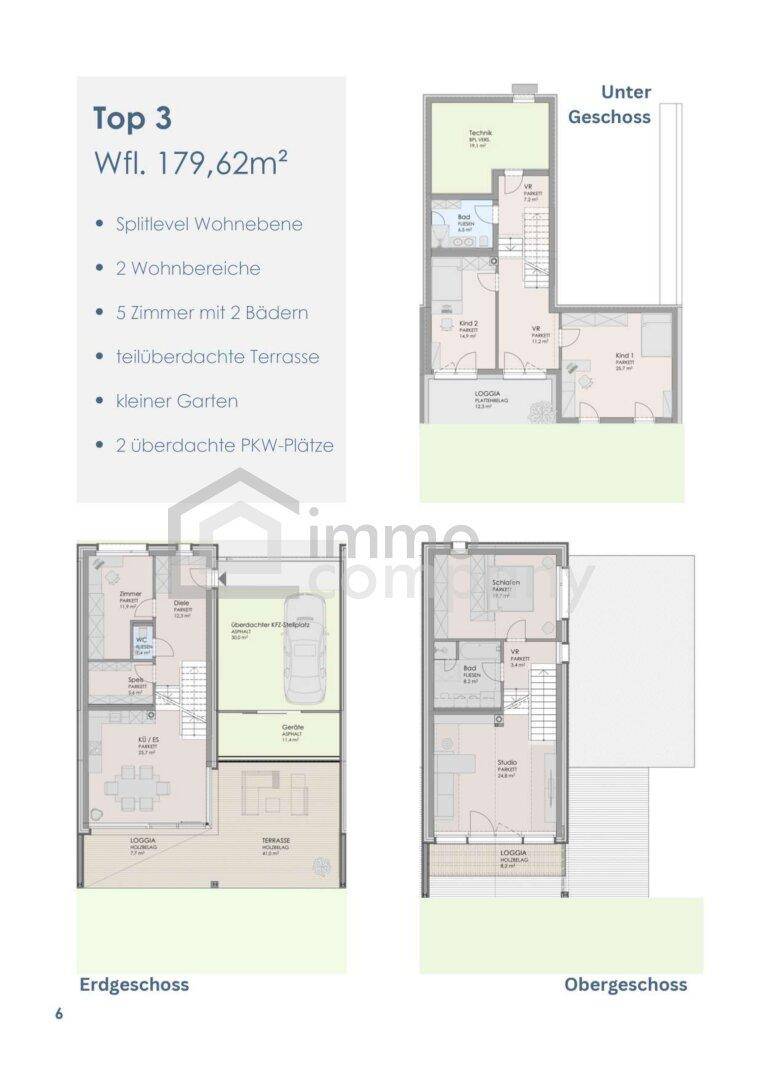 Grundriss für Top 3 mit Untergeschoss, Erdgeschoss und Obergeschoss, inklusive Loggia.