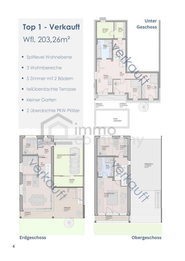 Grundriss für Haus Top 1 mit Untergeschoss, Erdgeschoss und Obergeschoss.