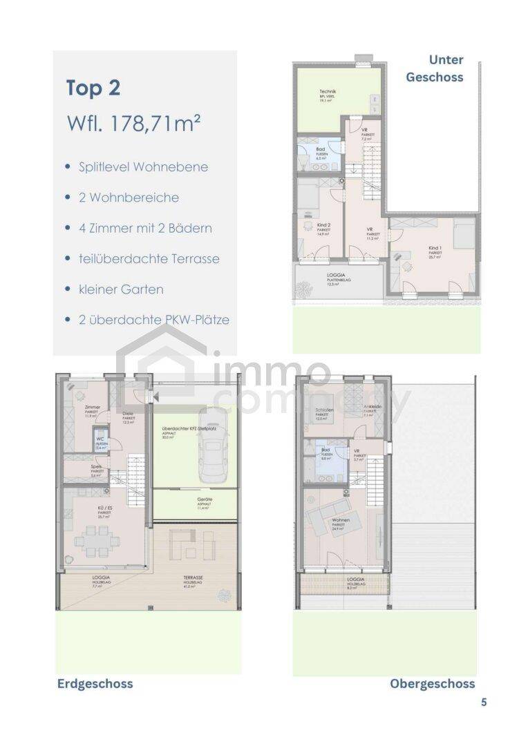 Grundriss für Haus Top 2 mit Untergeschoss, Erdgeschoss und Obergeschoss.