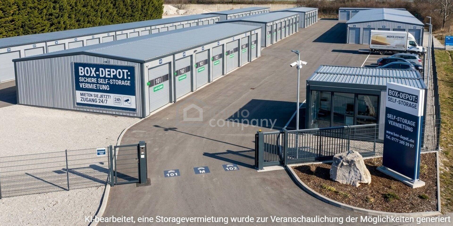Luftaufnahme einer modernen Self-Storage-Anlage mit vielen Lagereinheiten und Zufahrtsbereich.