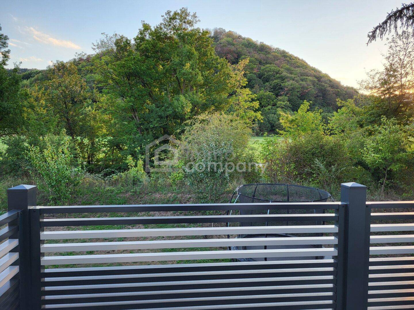 Grüner Gartenbereich mit Trampolin und Blick auf bewaldete Hügel in der Ferne.