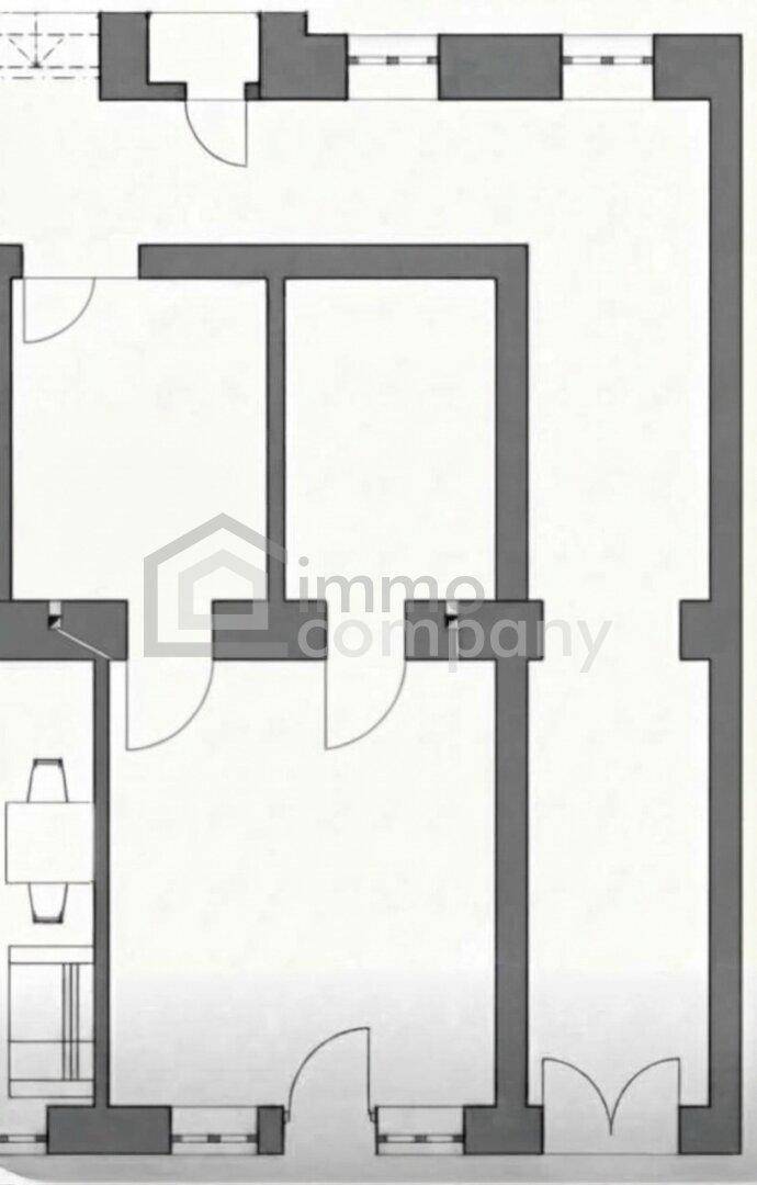 Grundrissplan einer Wohnung mit mehreren Zimmern, einem Badezimmer und einem Balkon.