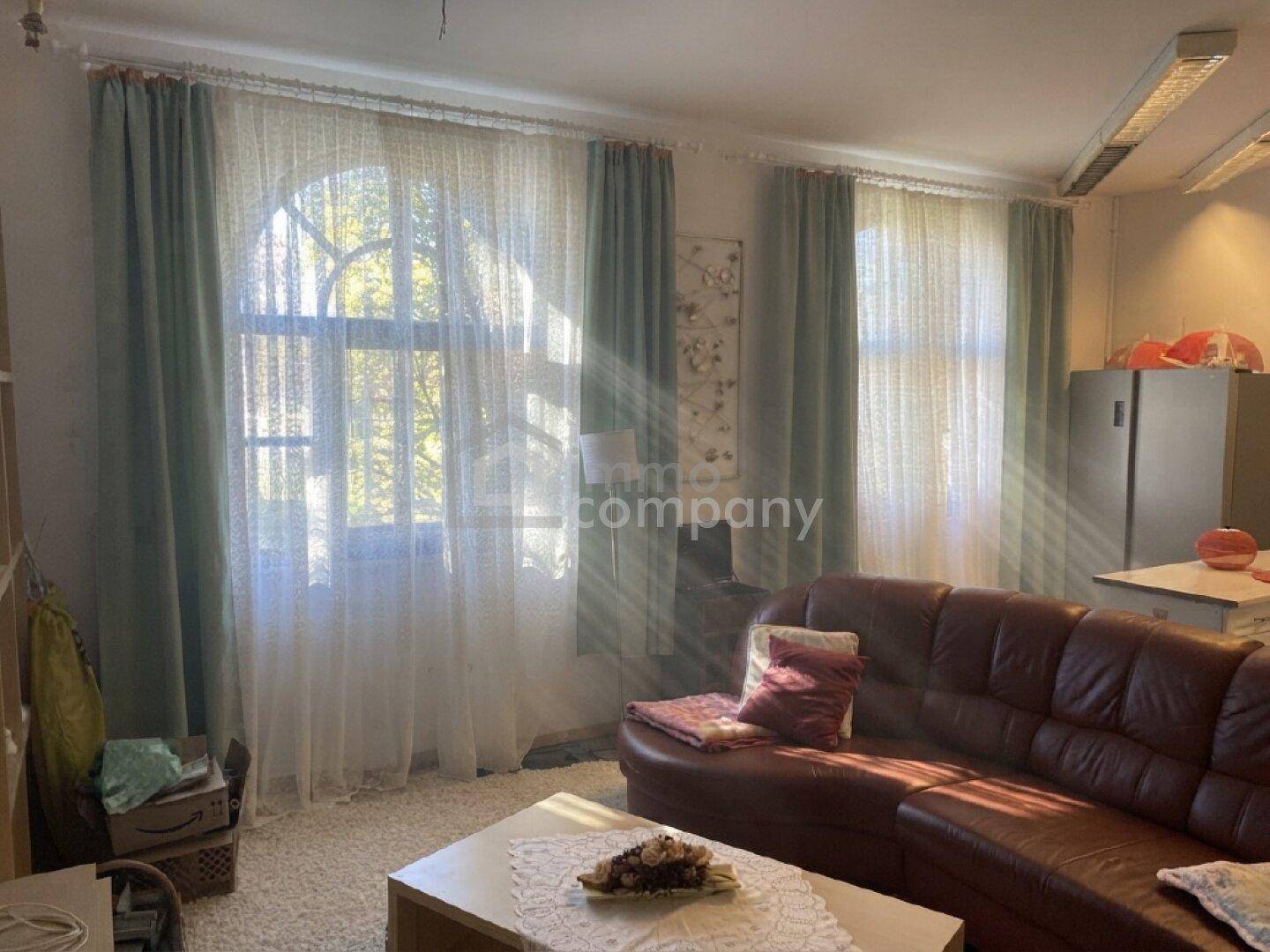 Helles Wohnzimmer mit bequemer Ledercouch, Teppichboden und großen Fenstern.