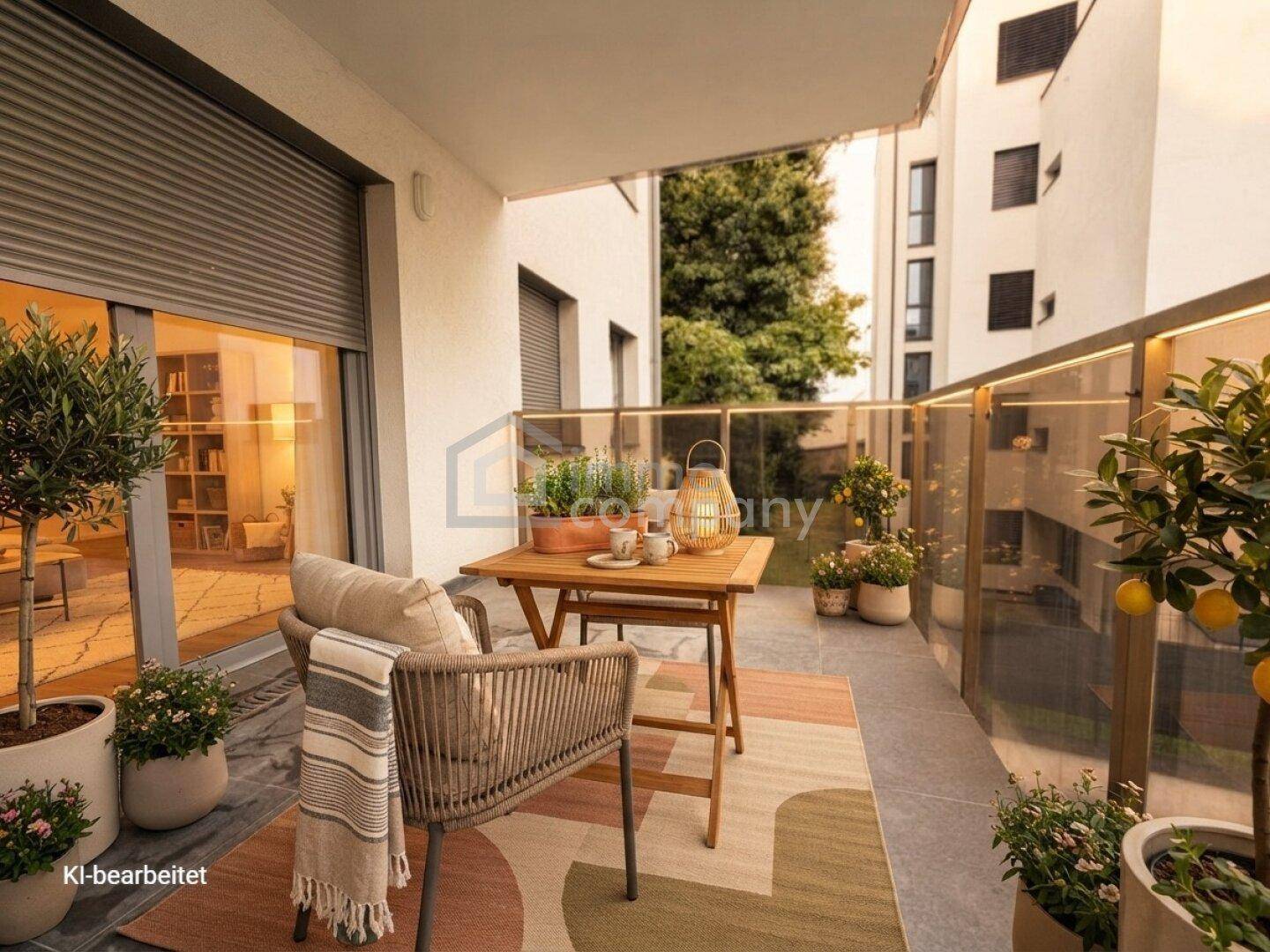 Möblierter Balkon mit Sitzgelegenheiten, Pflanzen und Blick auf die Umgebung.