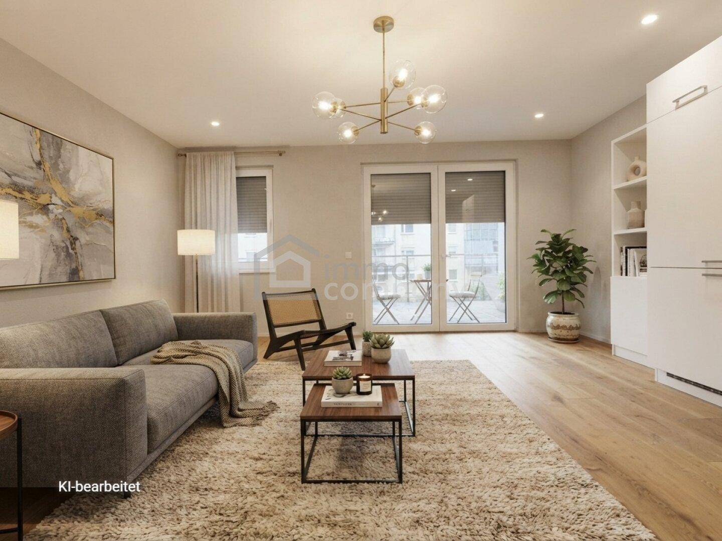 Modern eingerichtetes Wohnzimmer mit Zugang zum Balkon und großen Fenstern.
