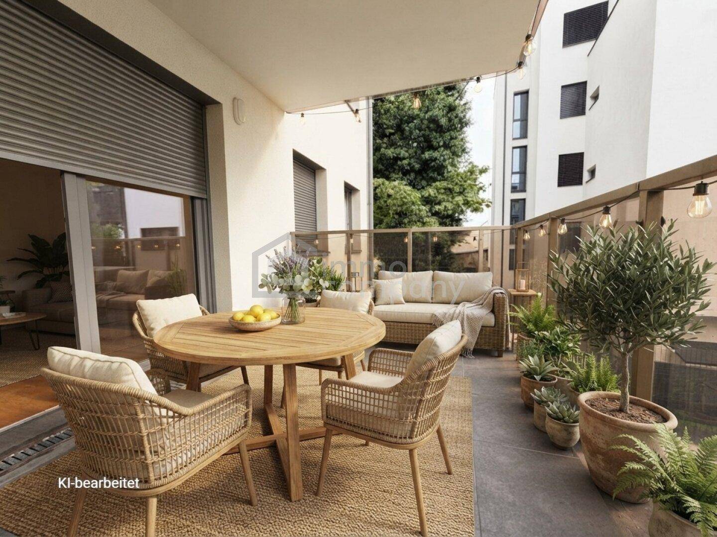 Attraktiver Balkon mit Sitzgelegenheiten, Pflanzen und Blick auf die Umgebung.