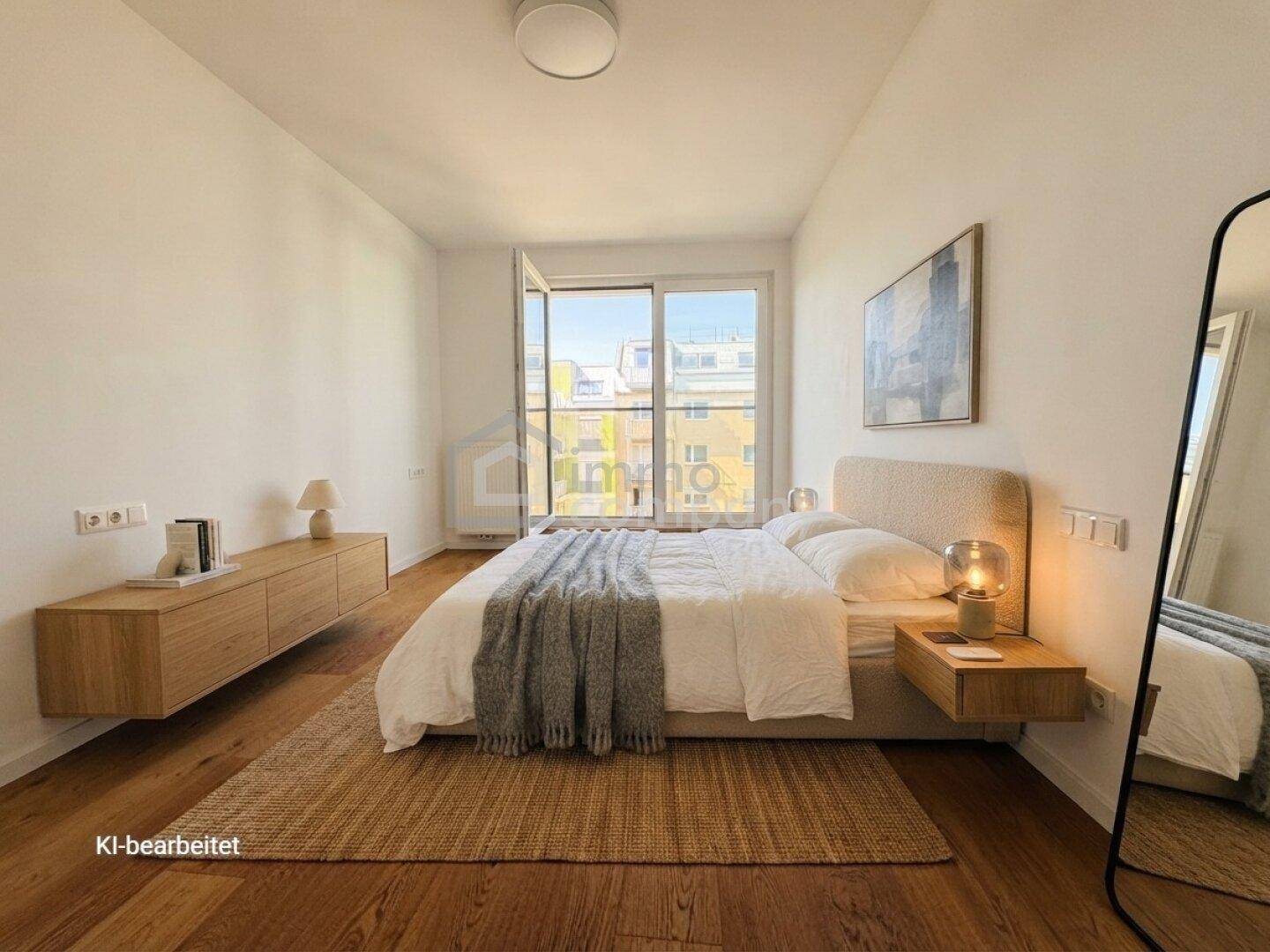 Modern eingerichtetes Schlafzimmer mit Holzboden und viel Tageslicht, schafft eine ruhige und entspannende Atmosphäre.