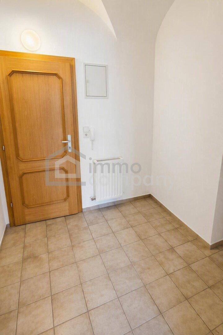 Eingangsbereich mit Fliesenboden und Holztür, bietet Zugang zu den Wohnräumen.