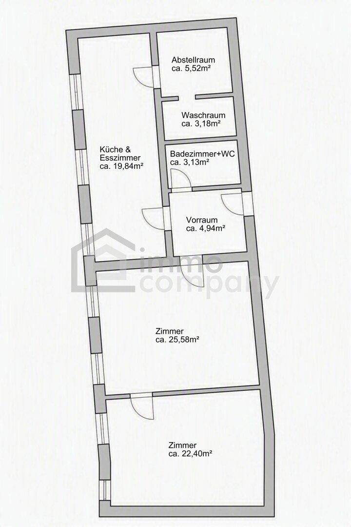 Grundriss der Wohnung mit Raumaufteilung und Flächenangaben in Quadratmetern.